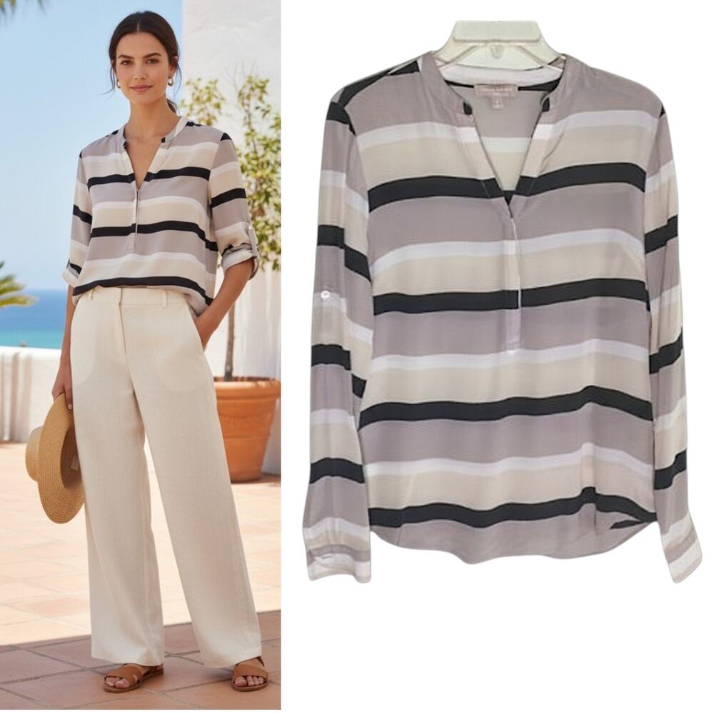 Banana Republic 100% Silk Blouse S Multicolor Striped Roll Tab Sleeve V-Neck Top